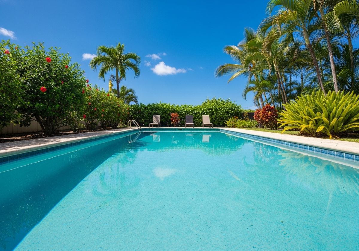 Tranquil Swimming Pool Surrounded by Lush Tropical Foliage