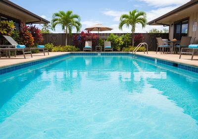 Outdoor swimming pool surrounded by sun loungers and tropical foliage, with palm trees and a patio set visible in the background, under a bright blue sky. Swimming pool with sun loungers and palm trees