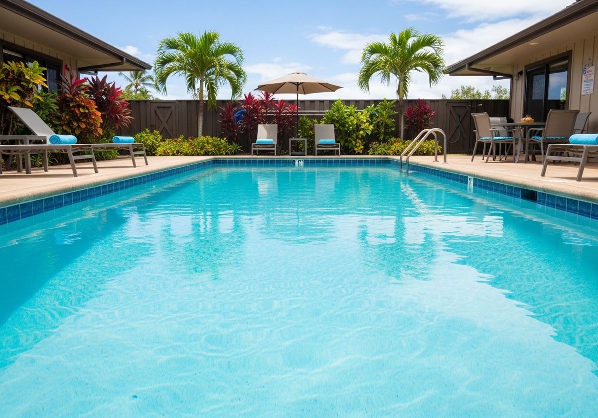Swimming pool with sun loungers and palm trees