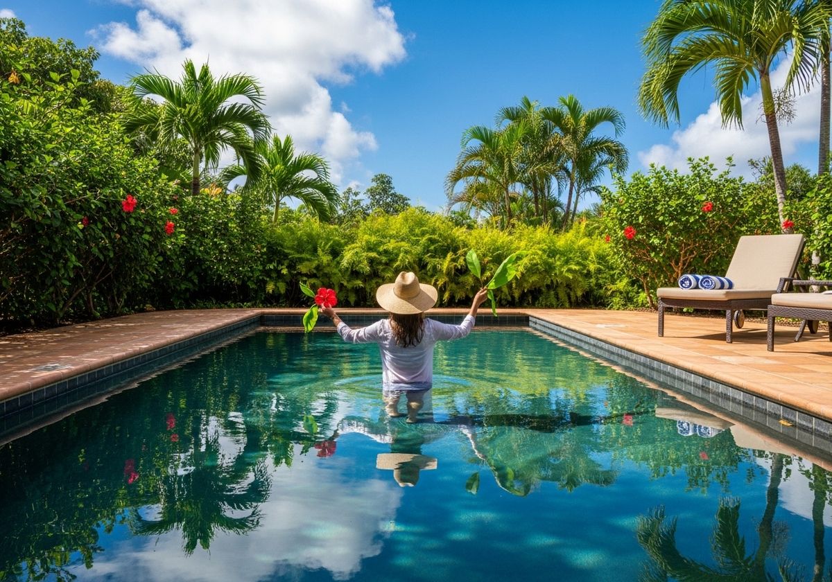 Woman enjoying tropical pool with hibiscus flowers