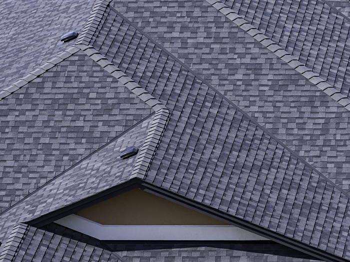 Roof with gray, asphalt shingles