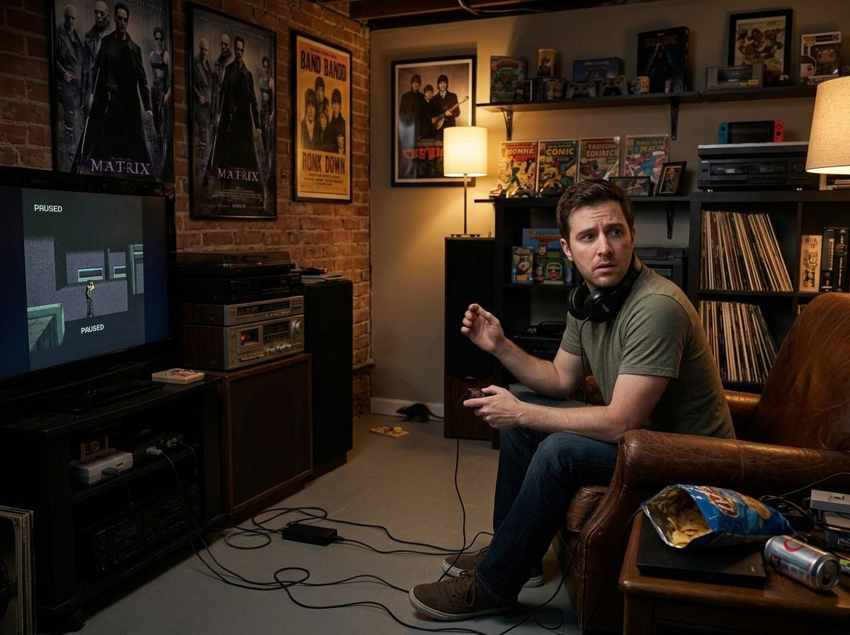 Man startled by a rat while playing video games