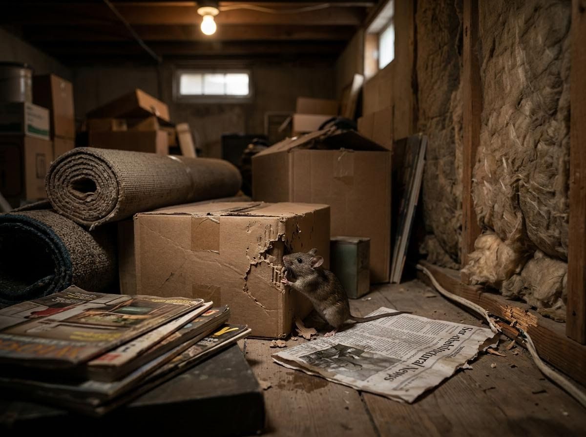 Mouse chewing cardboard box in a cluttered basement