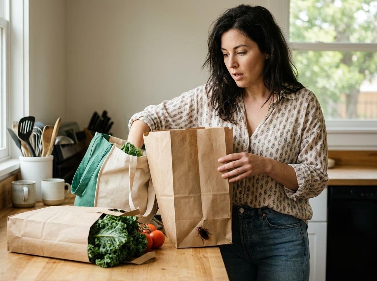 Woman unpacking groceries discovers cockroach