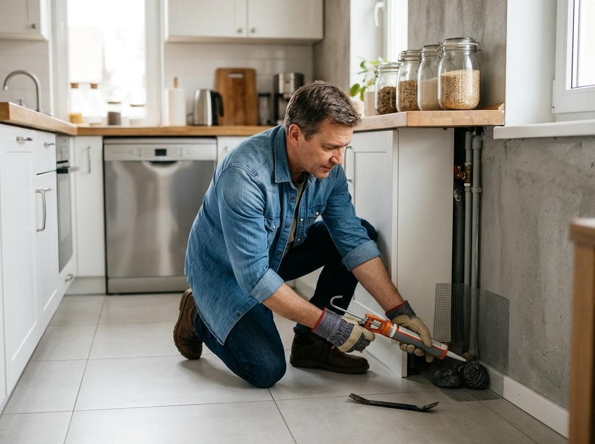 Man applying sealant with caulk gun in kitchen for pest control
