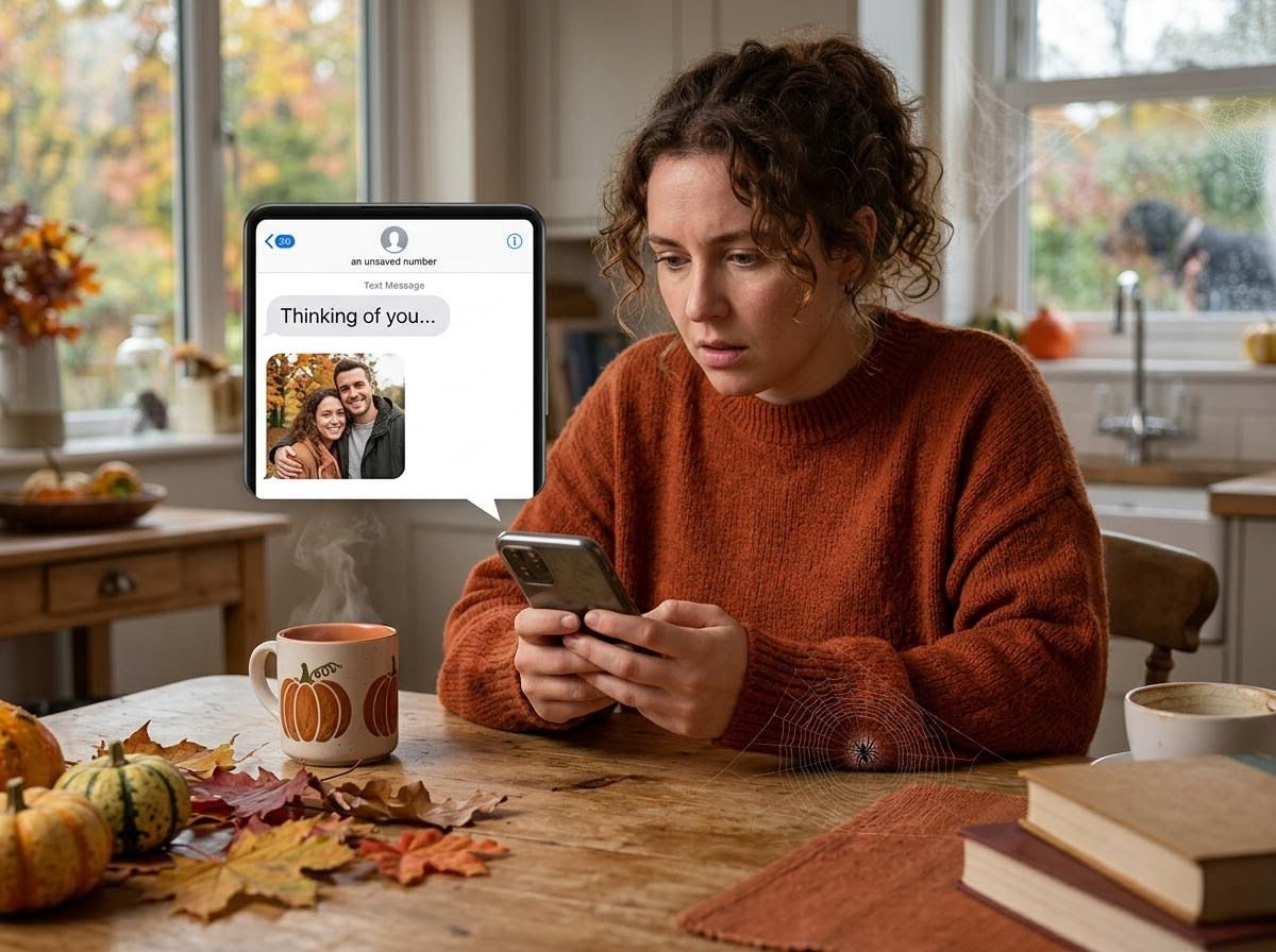 Worried woman receives an unexpected text message
