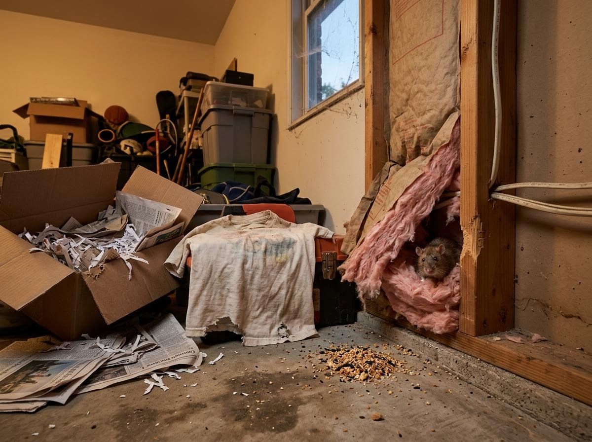 Rat hiding in cluttered storage room