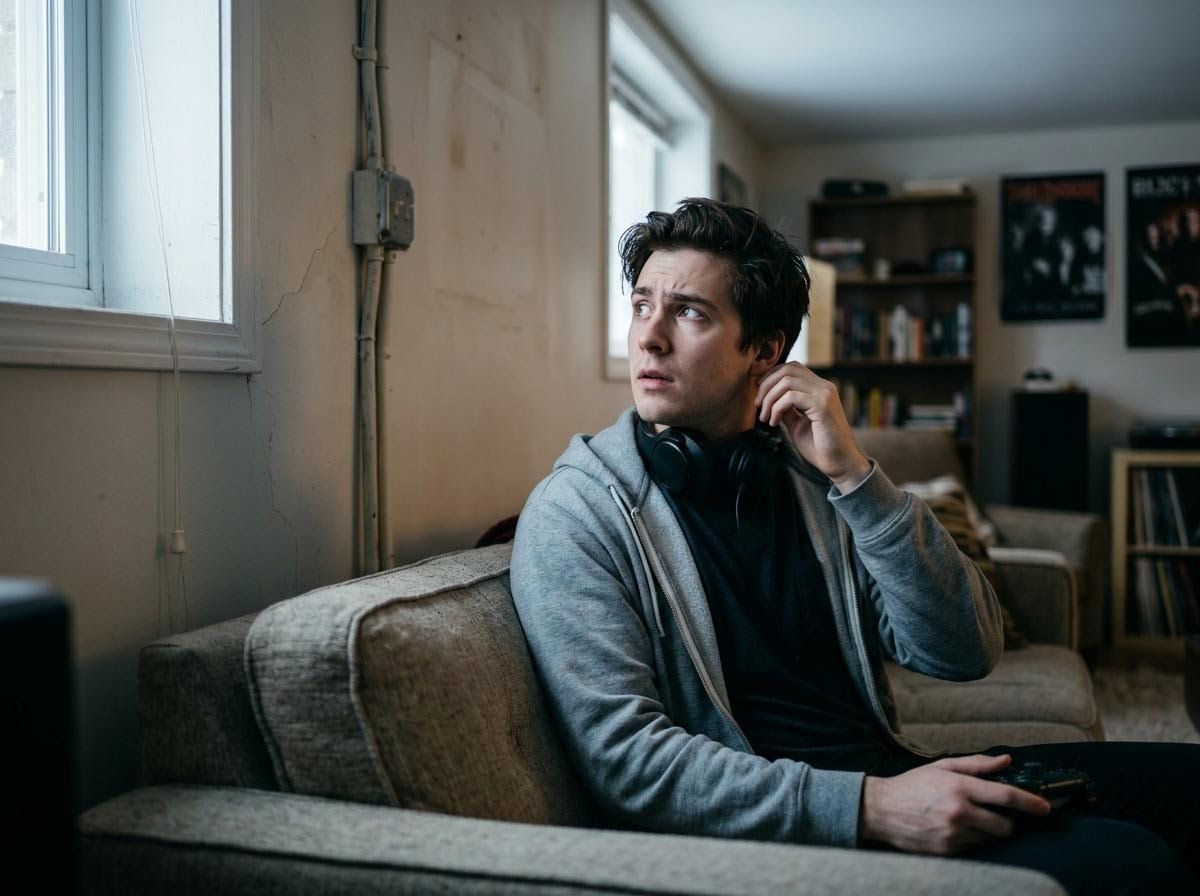 Young Man on Couch with Headphones and Game Controller