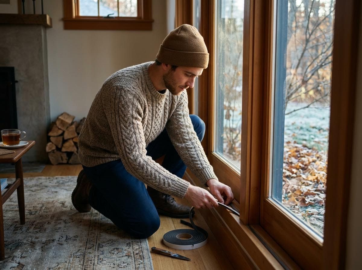 Man Weatherstripping Window for Winter