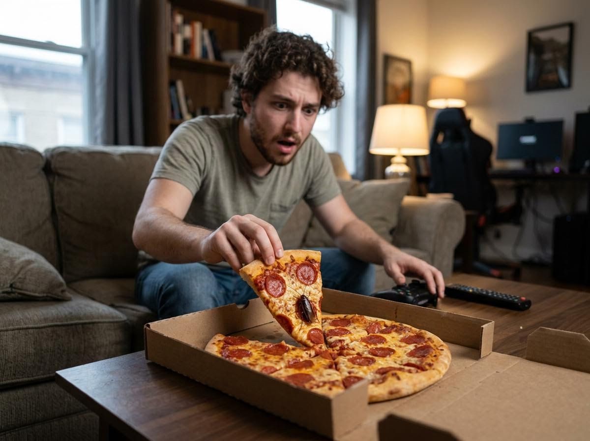 Man horrified by cockroach on pizza