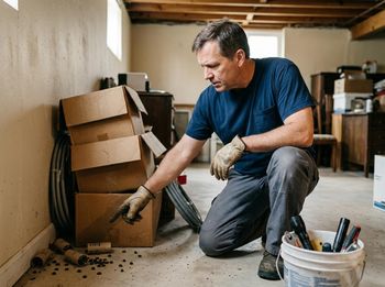 A man wearing work gloves kneels in a cluttered basement, pointing at small dark pellets and cardboard pieces on the floor, likely signs of pests. Man inspecting pest evidence on a basement floor