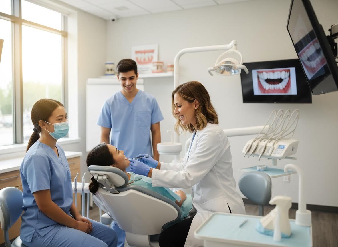 Dentist Examining Patient's Teeth with Assistant