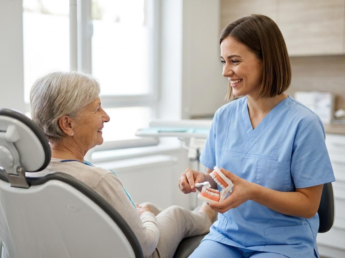 Dental professional demonstrating oral hygiene to an elderly patient