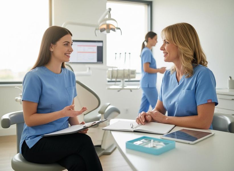 Two smiling female dental assistants or dentists in blue scrubs discuss in a modern clinic. One holds a clipboard, the other is at a desk. Two dental professionals in blue scrubs in consultation