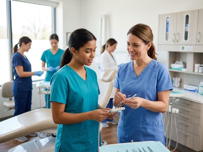 Two female dental staff members in scrubs examine tools in a clinic, with other staff and equipment in the background. Dental professionals discussing tools in a clinic