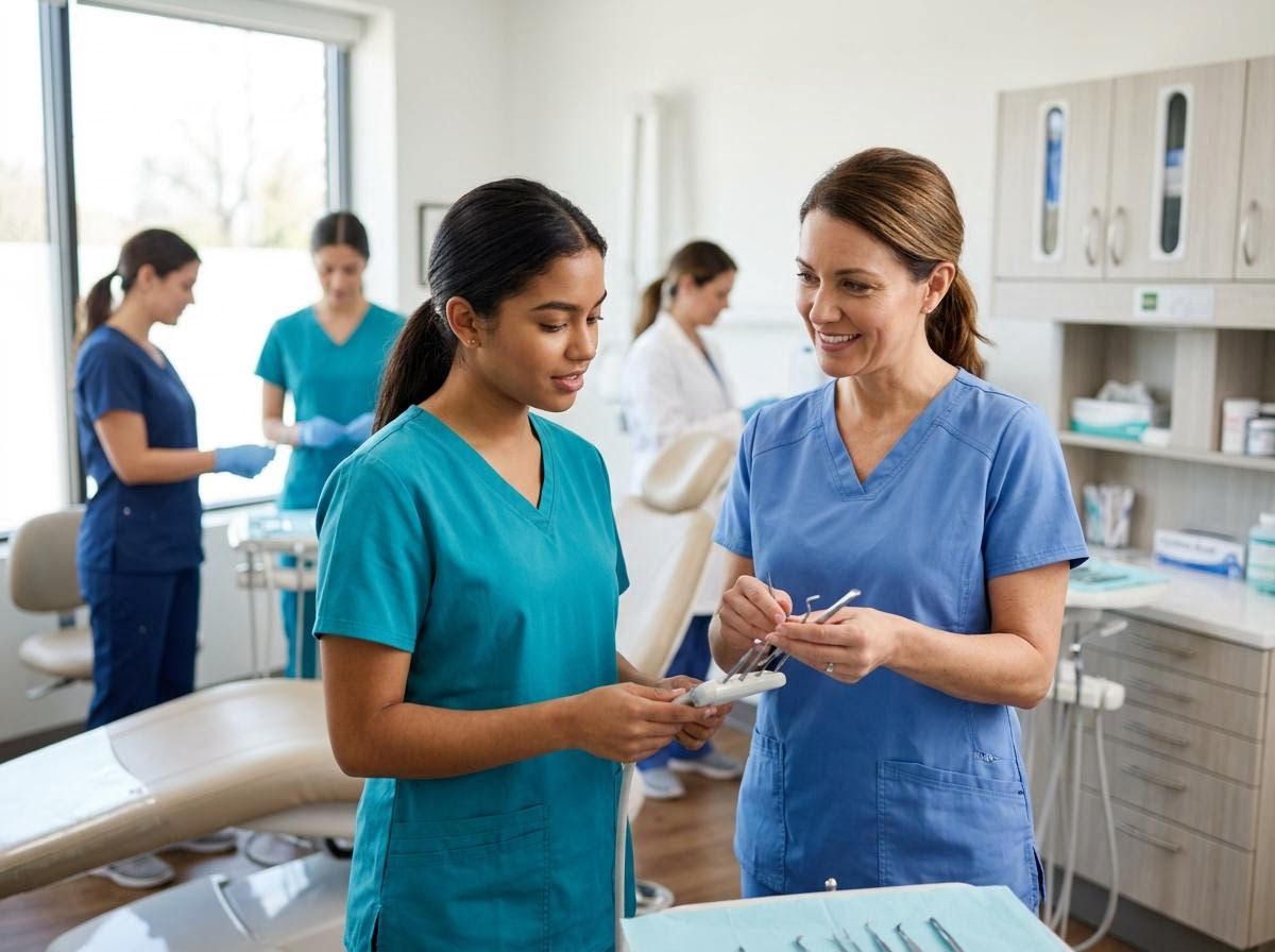 Dental professionals discussing tools in a clinic
