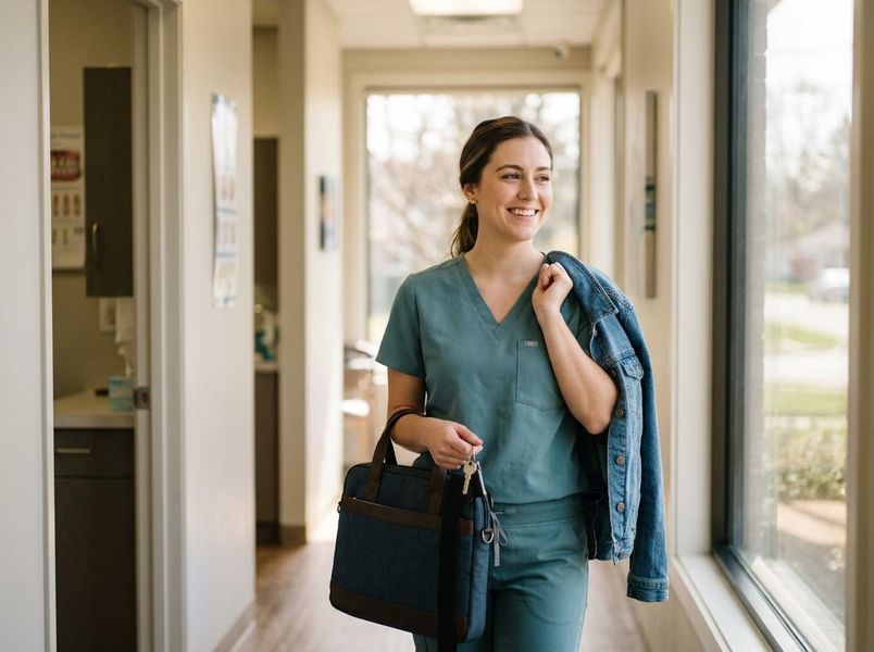 A smiling young woman in teal scrubs, with a denim jacket on her shoulder, walks confidently in a bright medical office hallway, carrying a bag. Smiling Female Healthcare Professional in Scrubs Walking in Clinic Hallway