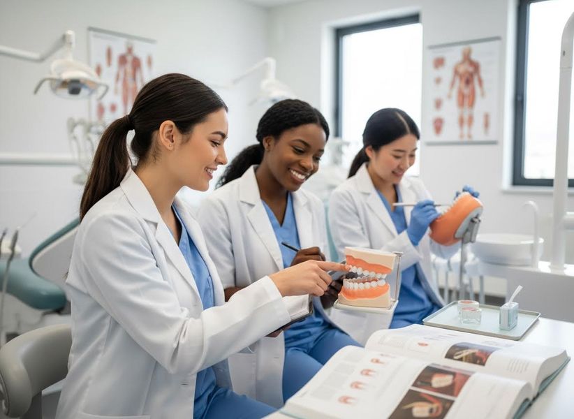 Three women in white lab coats and blue scrubs are smiling and examining a dental model. One points to the teeth while another holds a tool. Three dental students or dentists studying a teeth model