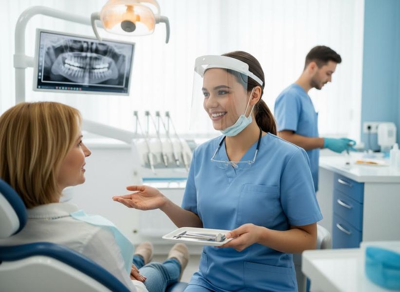 A friendly dentist in scrubs and face shield talks with a patient in a dental chair, holding tools. X-rays are visible on a monitor. Dental Professional Consulting with Patient