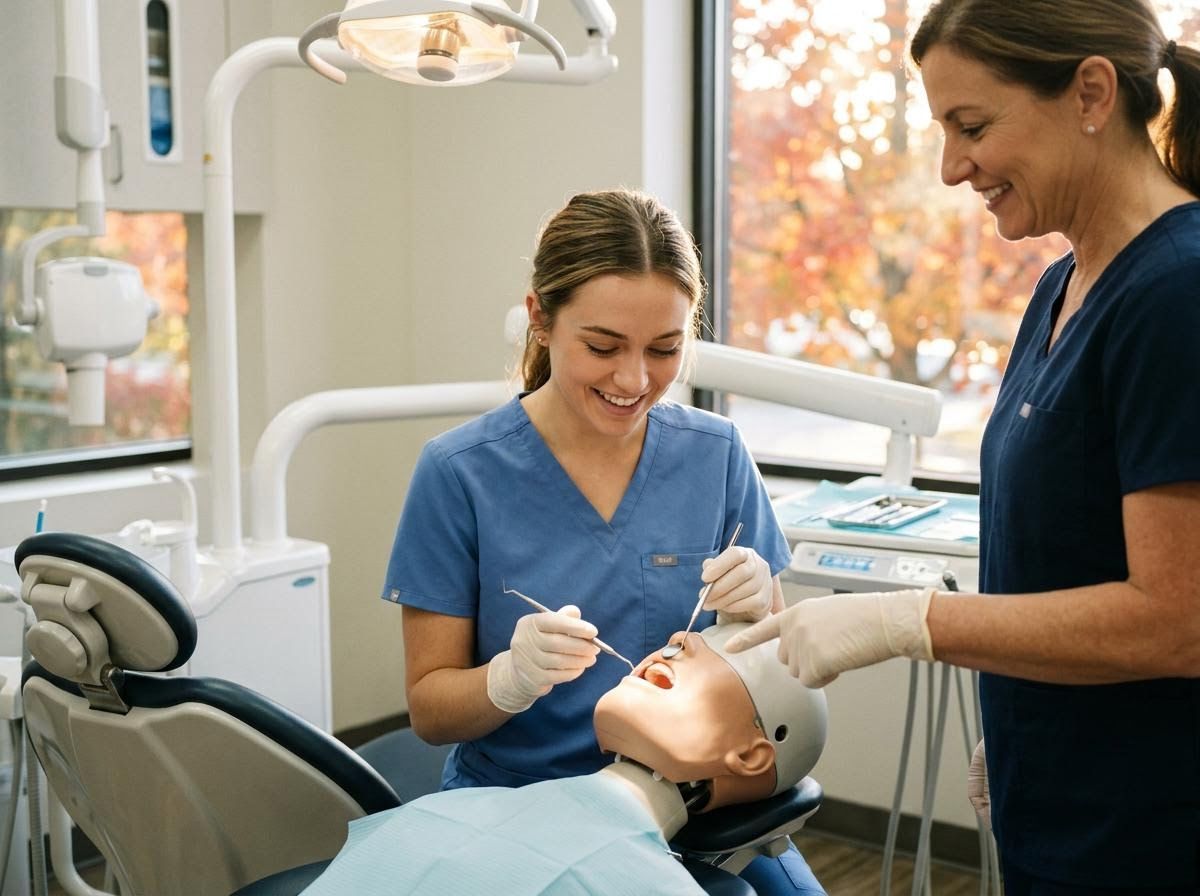 Two dental professionals practicing on a mannequin in a dental office