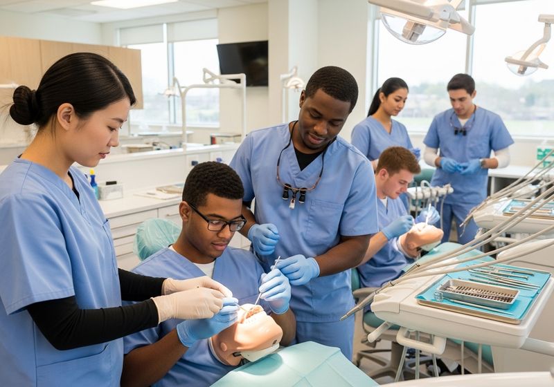 A group of diverse dental students are practicing procedures on mannequins in a brightly lit training room. The students are wearing blue scrubs and gloves, focused on their tasks. Dental tools and equipment are visible, emphasizing the practical training environment. Dental Students Practicing on Mannequins