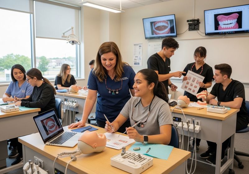 A diverse group of dental students are practicing and learning in a modern classroom with advanced equipment, under the guidance of their instructor. The scene includes dental mannequins, tools, and diagrams, reflecting an engaging and hands-on educational environment. Dental Student Learning in Class