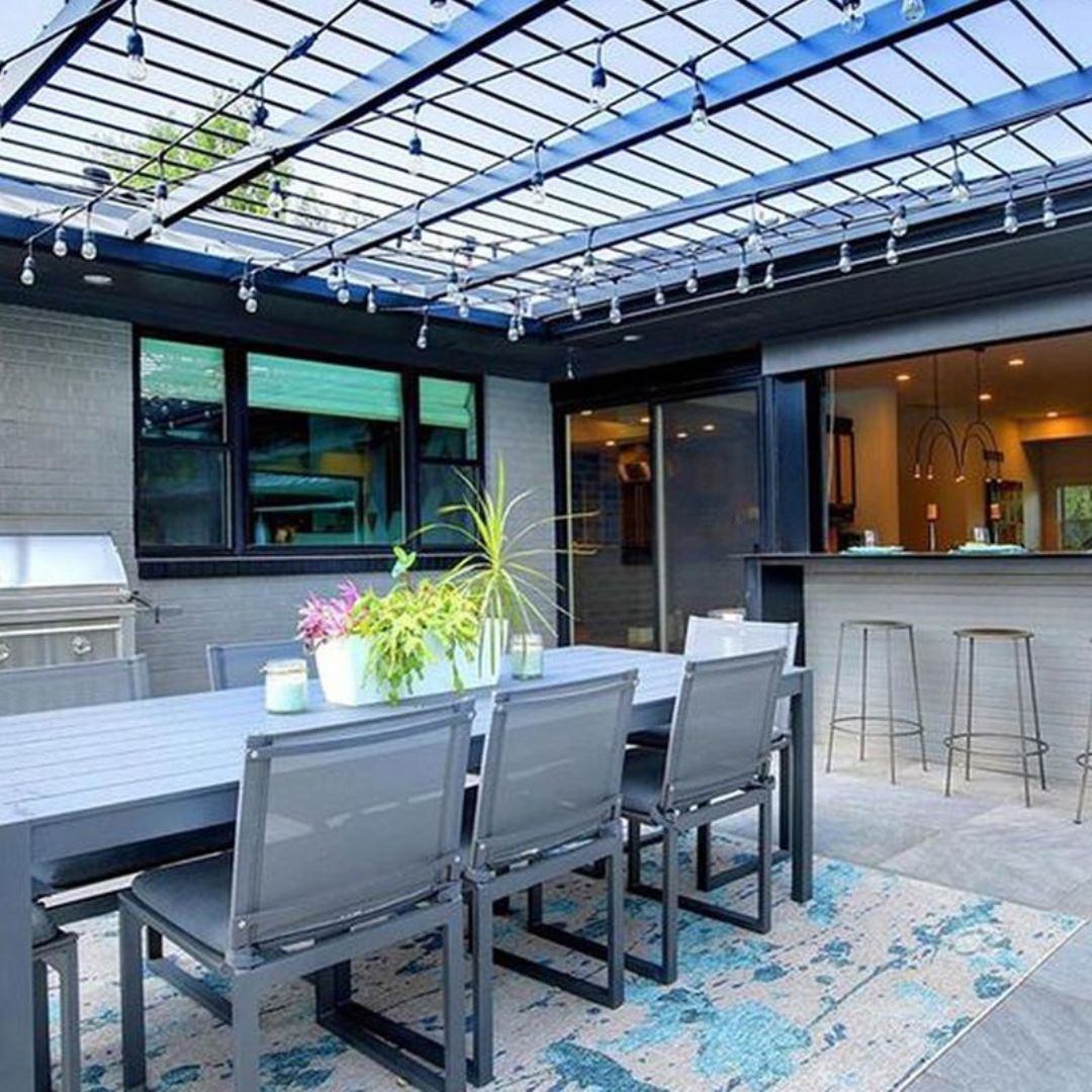 backyard dining space of custom home