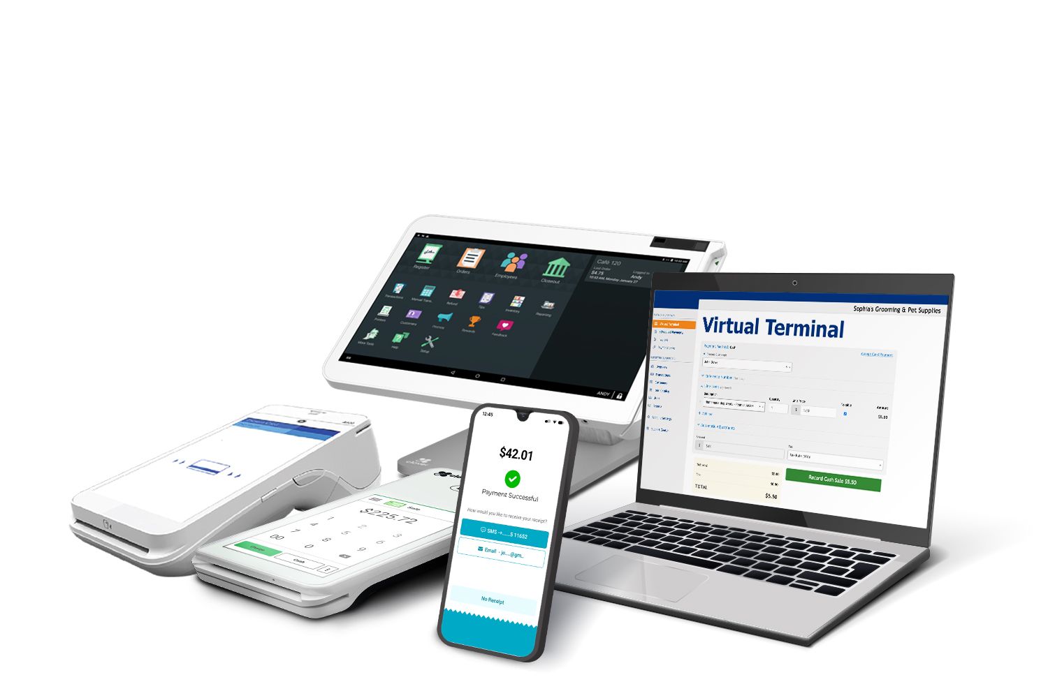 mix of Talus Pay products including mobile terminals and full point of sale systems