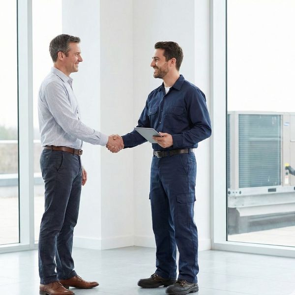 A commercial building manager and an HVAC technician shake hands in a modern lobby with a rooftop HVAC unit visible outside.