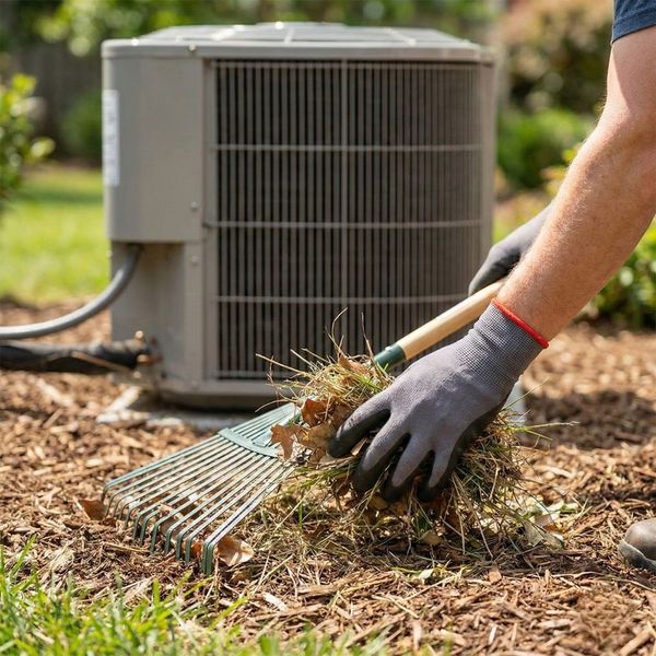 A person with gloved hands rakes leaves and debris away from an outdoor AC condenser unit.
