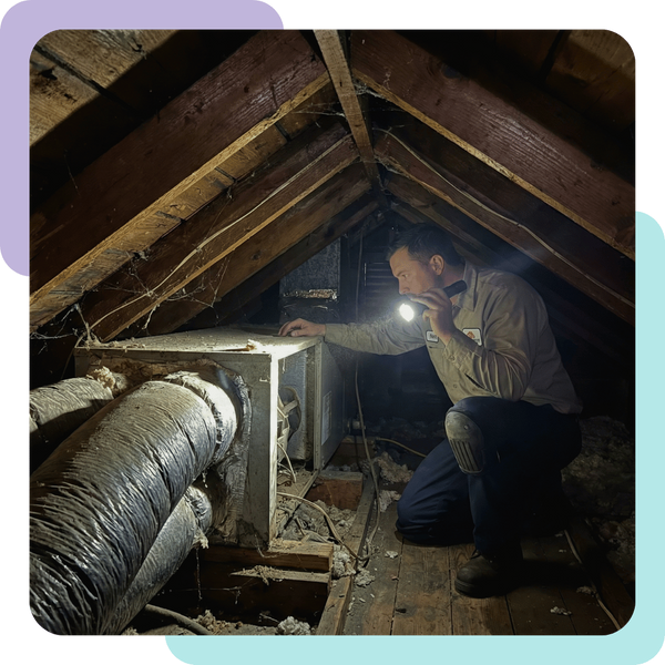 A photograph of an HVAC technician kneeling in a cramped, dimly lit attic space of an older San Francisco home, holding a powerful flashlight. The technician is inspecting an air handler unit squeezed tightly between aged wooden rafters and insulated flexi
