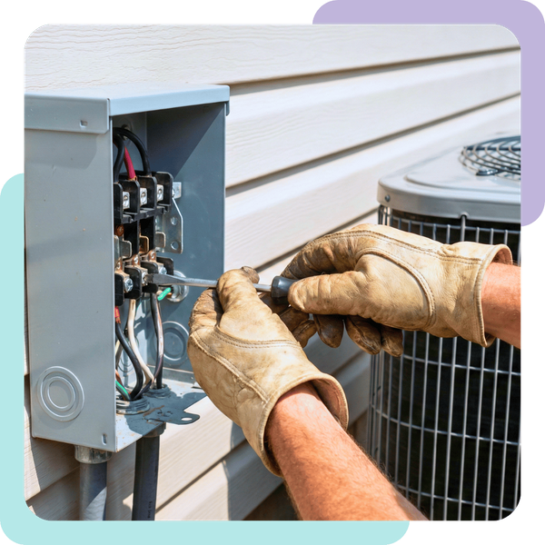 A photograph of a technician's hands, wearing leather work gloves, using a flathead screwdriver to tighten a terminal connection inside an open grey electrical disconnect box. The box is mounted on house siding next to an AC condenser unit.