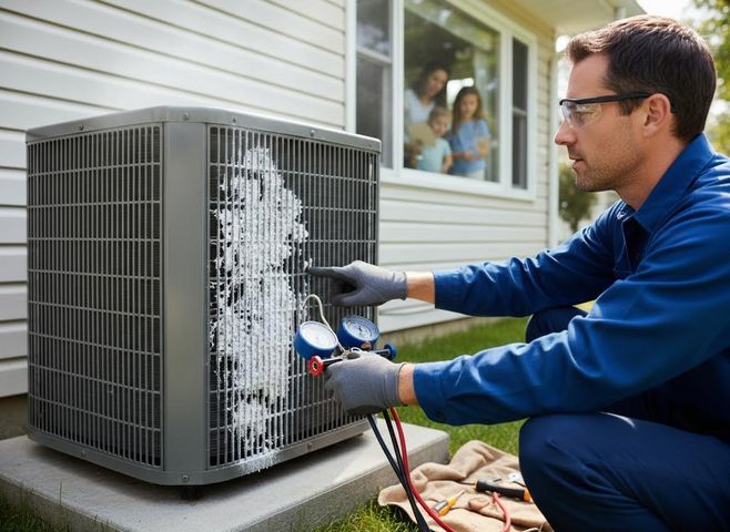 A technician points at a foamy outdoor AC unit while holding gauges. A mother and two children watch from inside the house. HVAC technician servicing outdoor AC unit