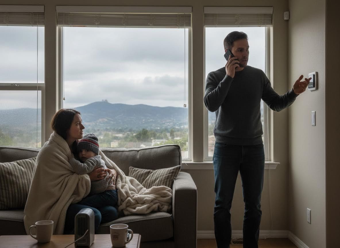Family in a living room: man on phone adjusts thermostat, woman and child on couch wrapped in blankets