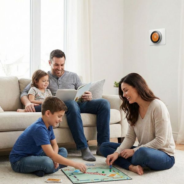 A family of four happily relaxes in a comfortable living room with a smart thermostat visible on the wall.