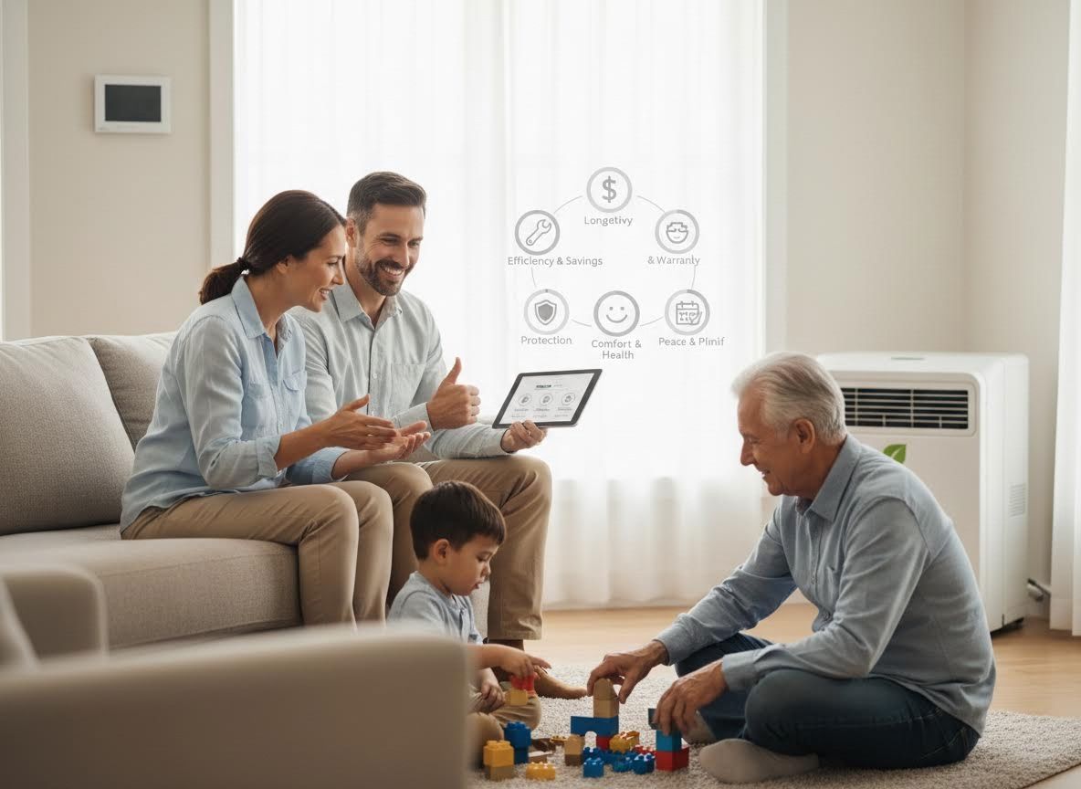 Family with multi-generational members enjoying home and reviewing benefits on a tablet