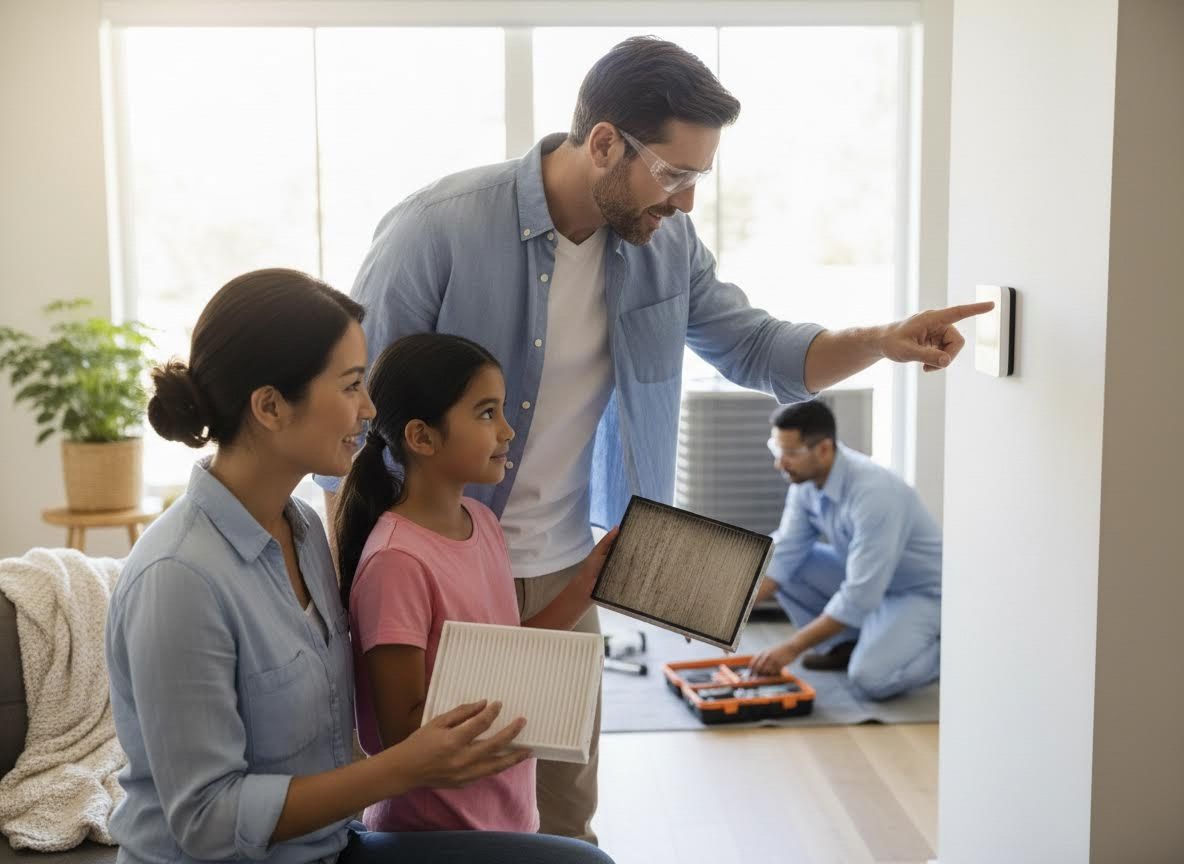 Family with technician learning about HVAC maintenance and air filter replacement