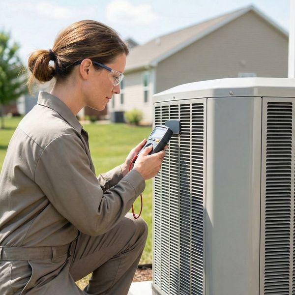 An HVAC technician uses a multimeter to inspect an outdoor residential air conditioning unit.