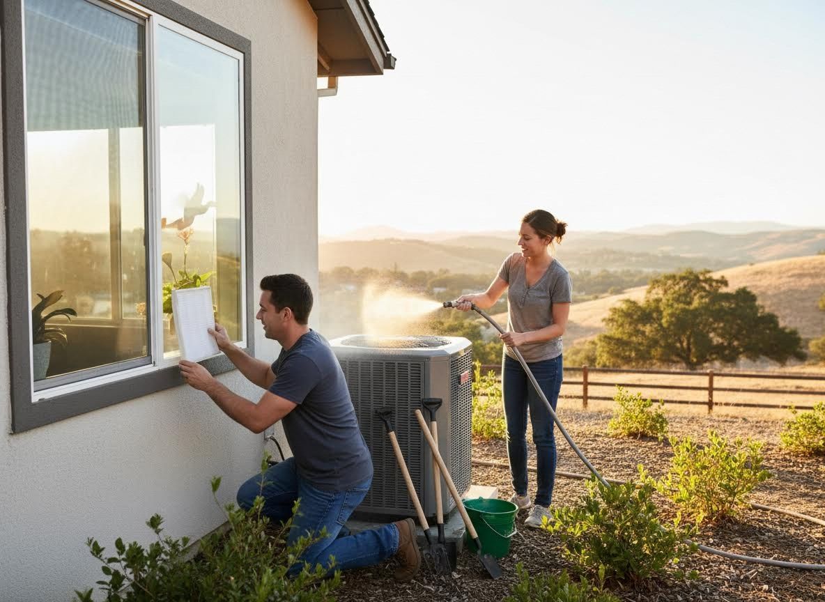 Couple Performing Outdoor Home and AC Maintenance