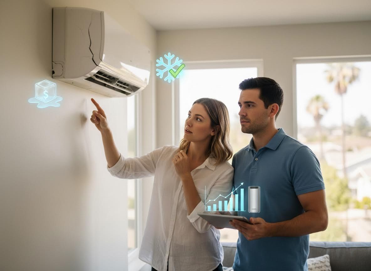 Couple evaluating smart air conditioning system with efficiency data