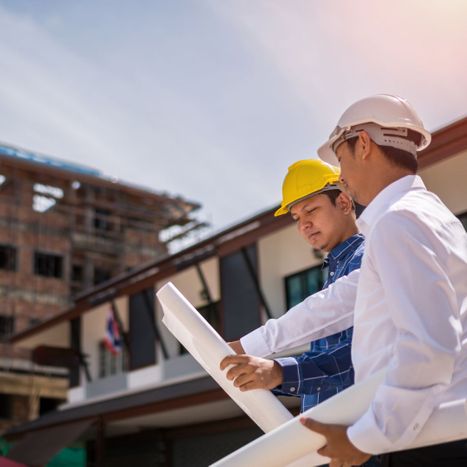 Two people with building plans outside a construction site