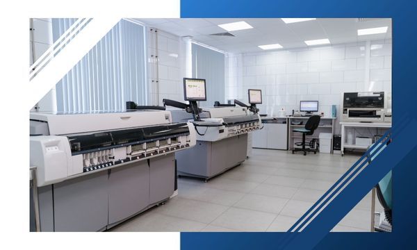 Large, high-tech lab machines in spacious, tiled room