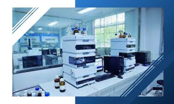 Laboratory setup with advanced analytical machines and chemical bottles