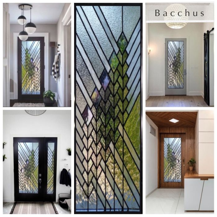 A collage of photos showcasing the "Bacchus" style modern diagonal decorative glass designs on sleek, contemporary door frames.