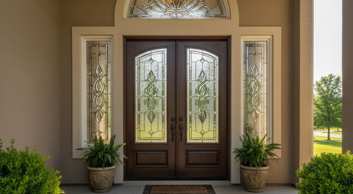 A luxurious dark wood double-door entryway featuring ornate decorative glass inserts and matching sidelights, flanked by green potted plants in a well-lit exterior setting.