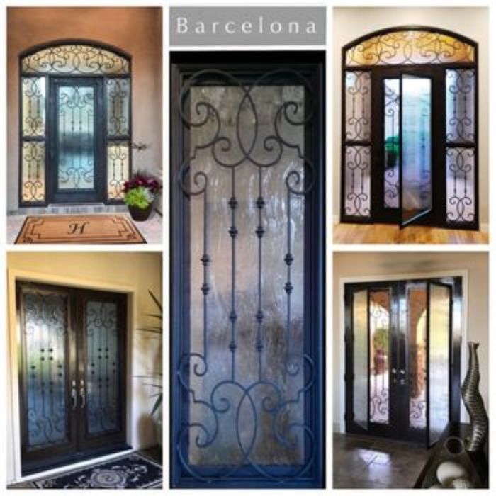 A collage of five photos showcasing "Barcelona" style wrought iron decorative glass designs on various dark-colored front doors.