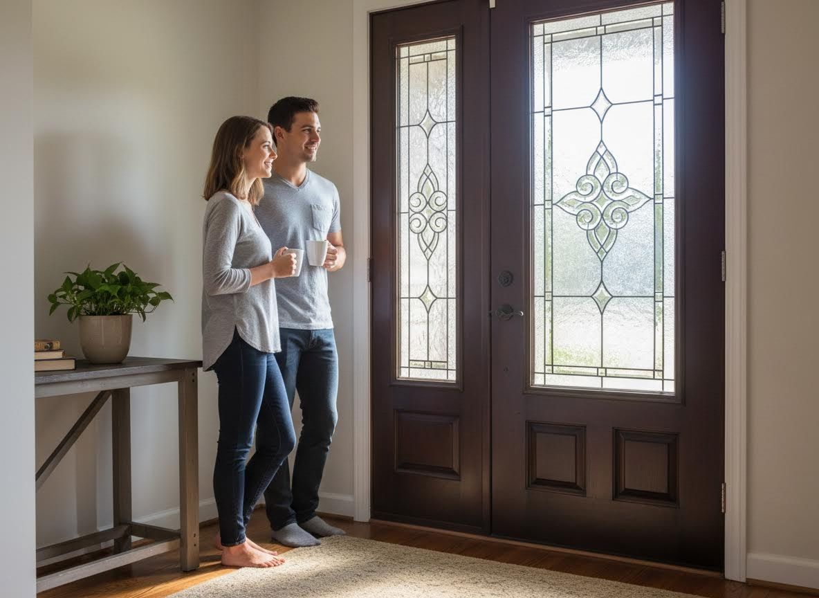 Happy couple with coffee mugs standing by a decorative glass double door