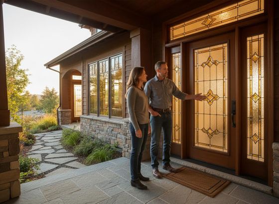 Couple on a craftsman-style home porch with ornate front door