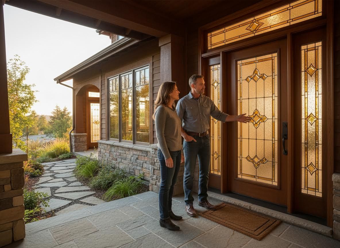 Couple on a craftsman-style home porch with ornate front door