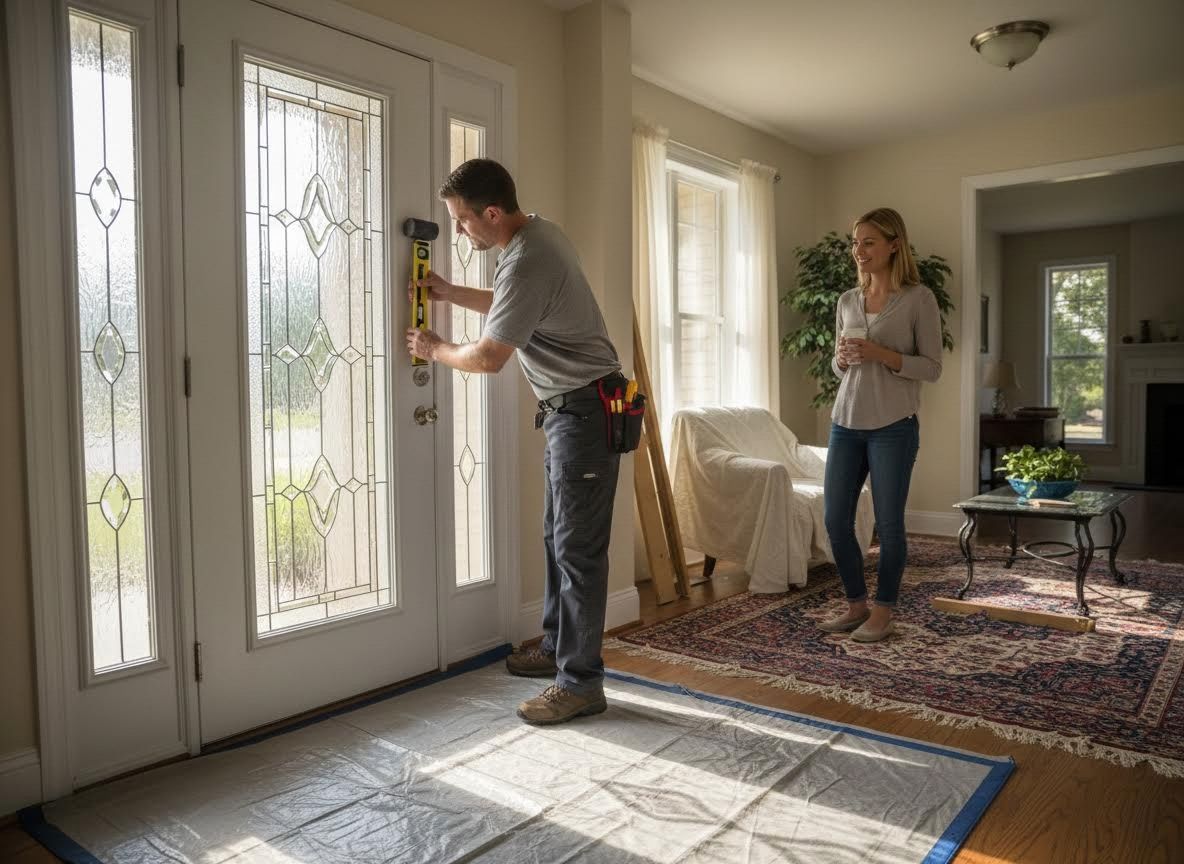 Man leveling a decorative glass door while a woman observes